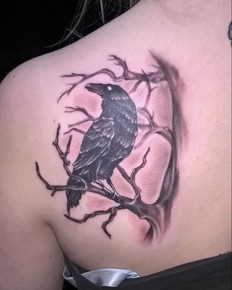 tree background raven tattoo design