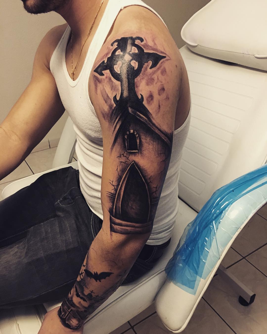 full arm beautiful cross tattoo