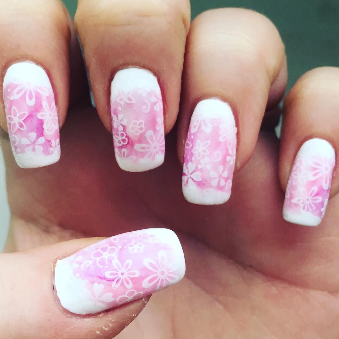 flower white pink nail design