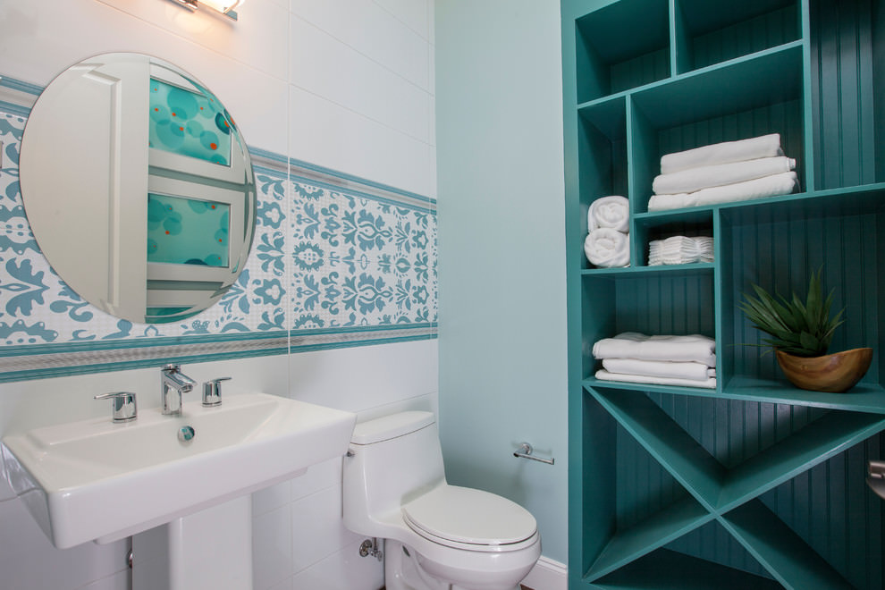 stunning blue bathroom shelves