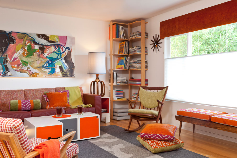 colorful living room corner shelves