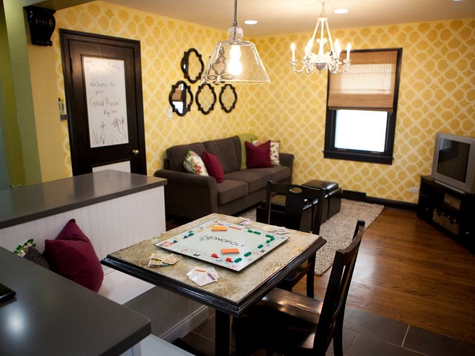 yellow living room with patterned wallpaper