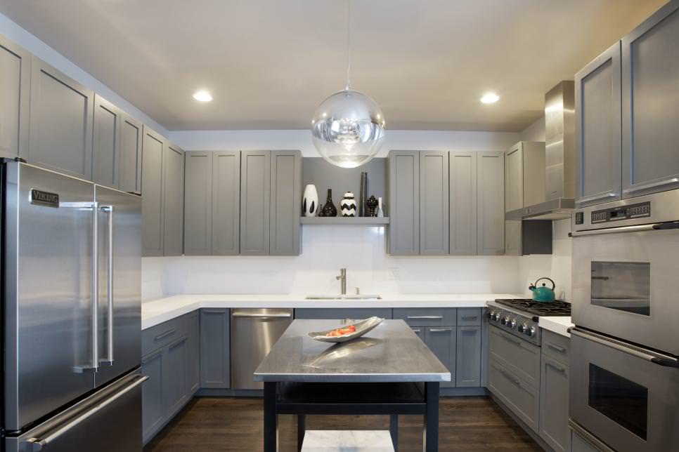 stylish modern kitchen with gray cabinets