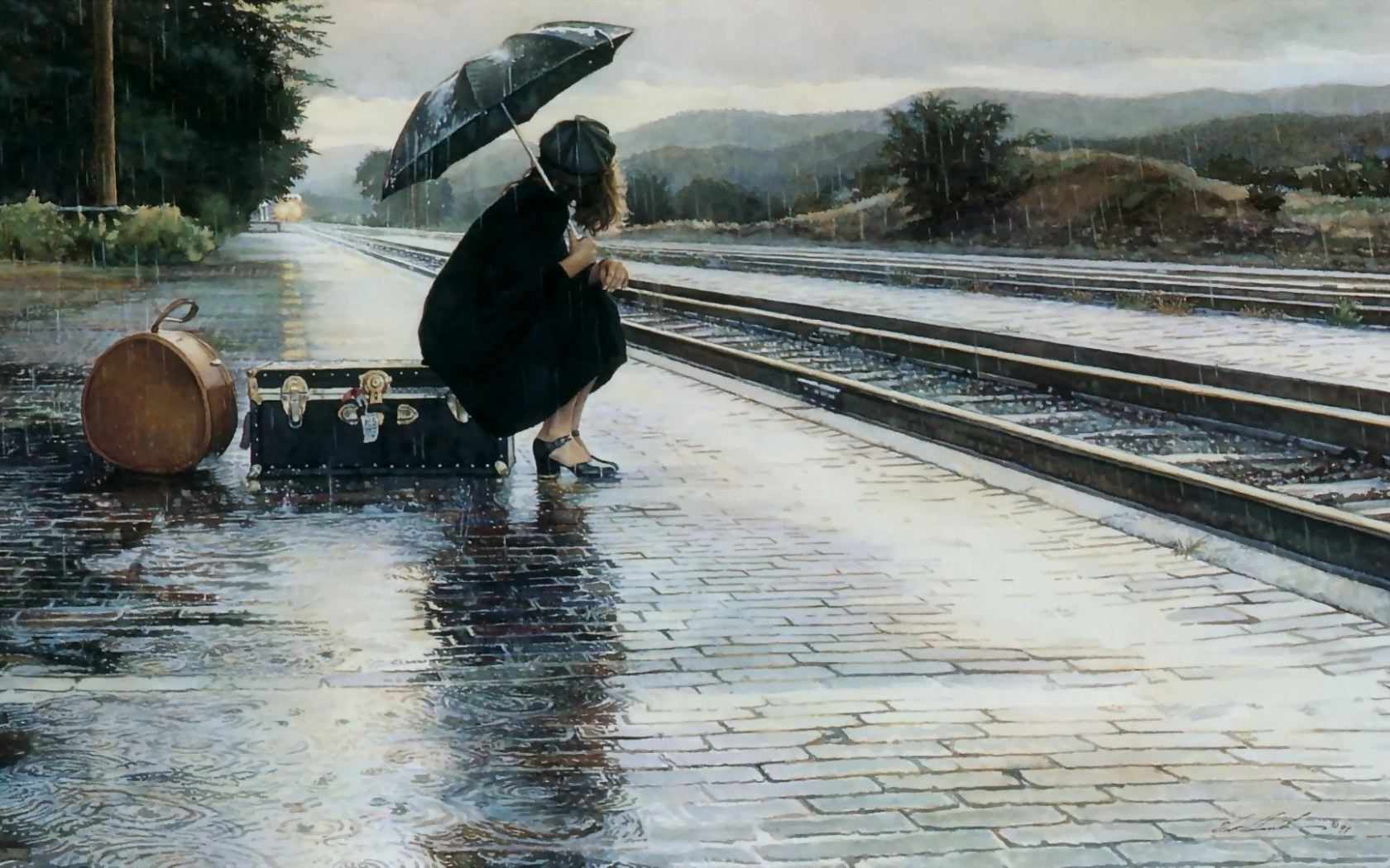 girl waiting for train background