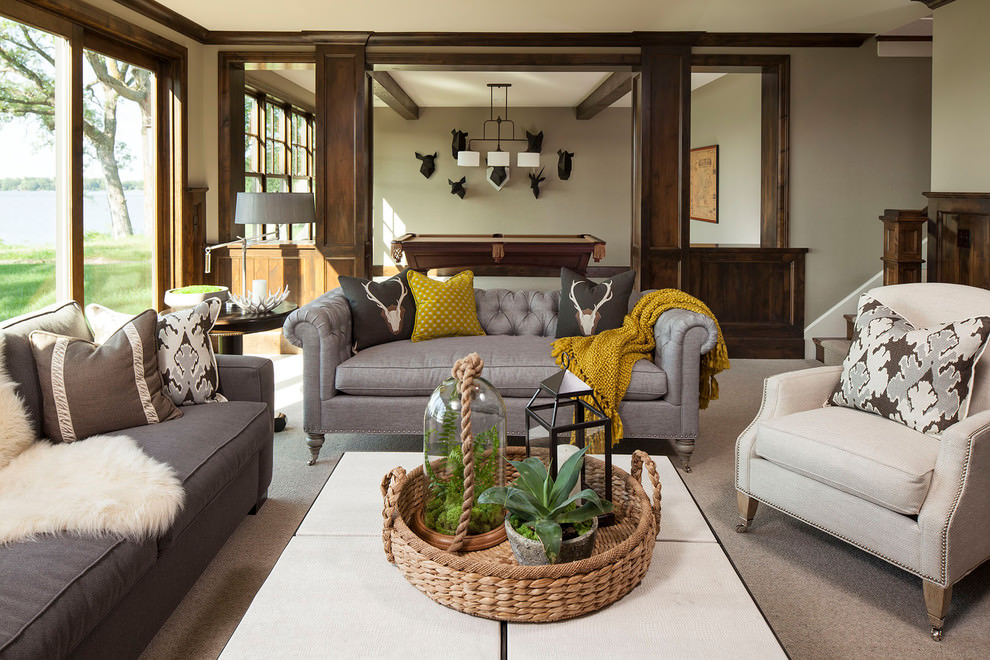 traditional living room light grey sofa