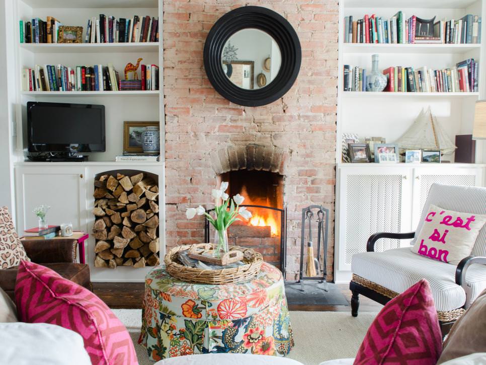 pink eclectic living room with fireplace