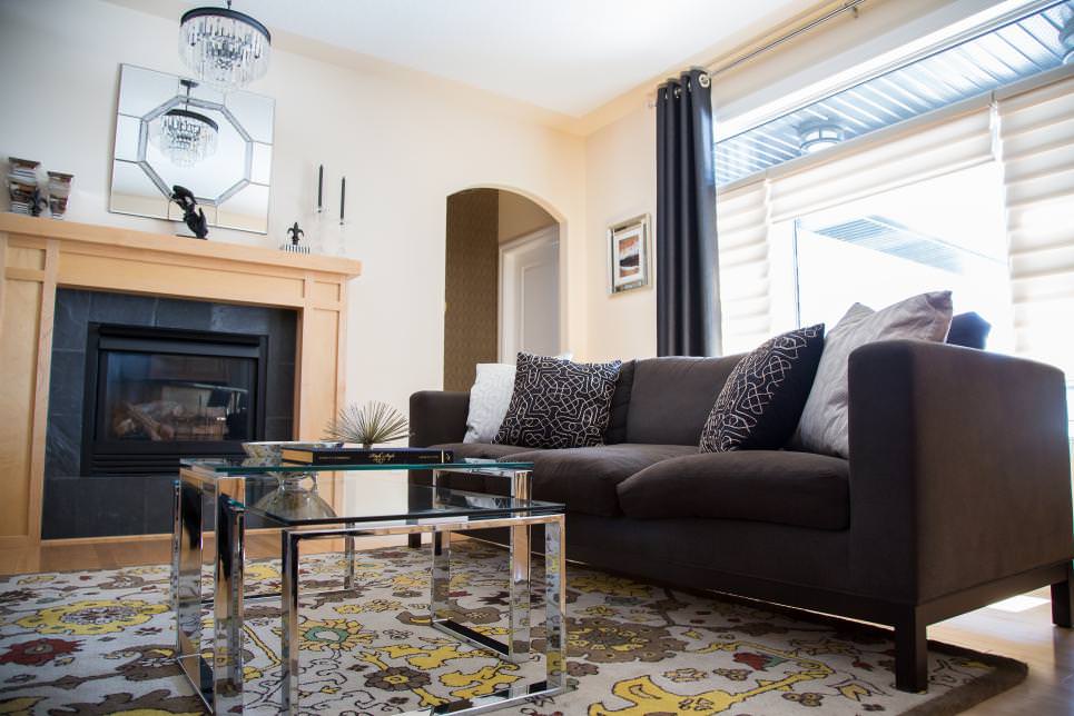 elegant living room with gray sofa
