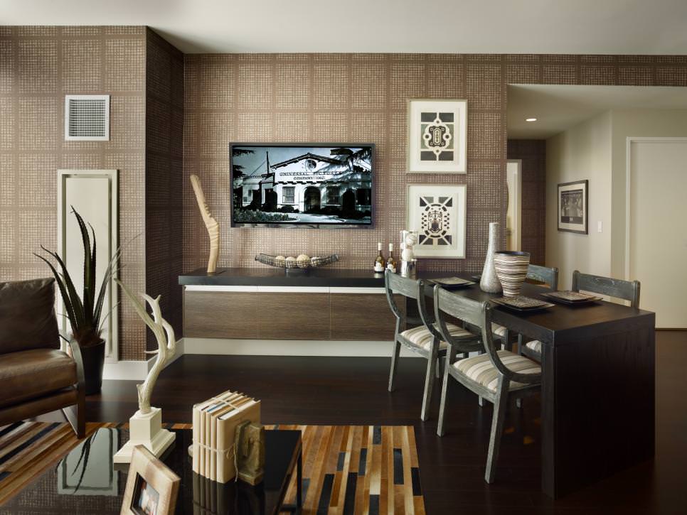 brown living room with space saving dining table and global accents