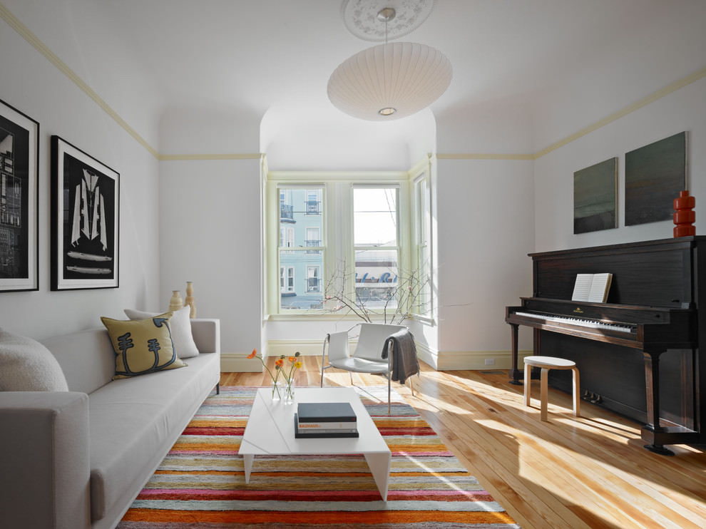 beautiful white narrow contemporary family room