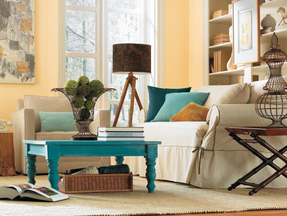 teal and yellow living room