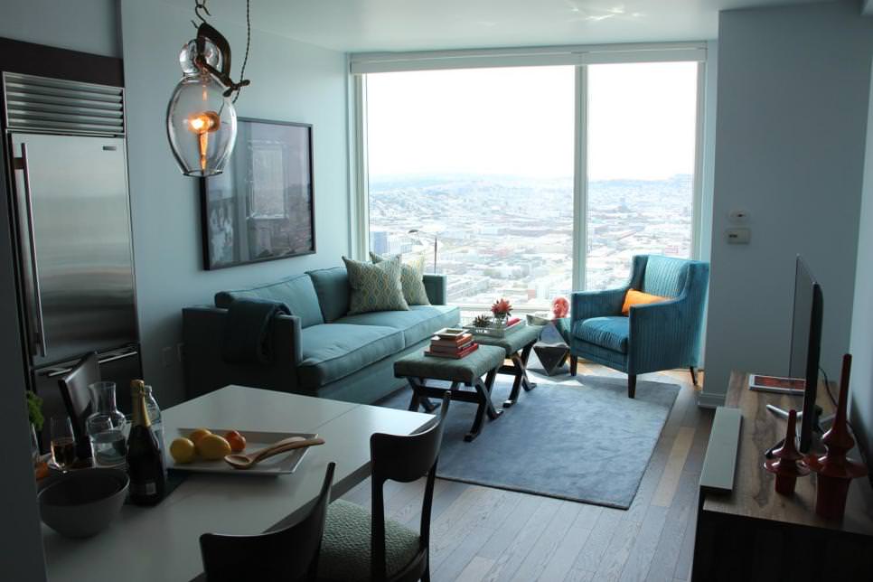appealing living room features teal motif