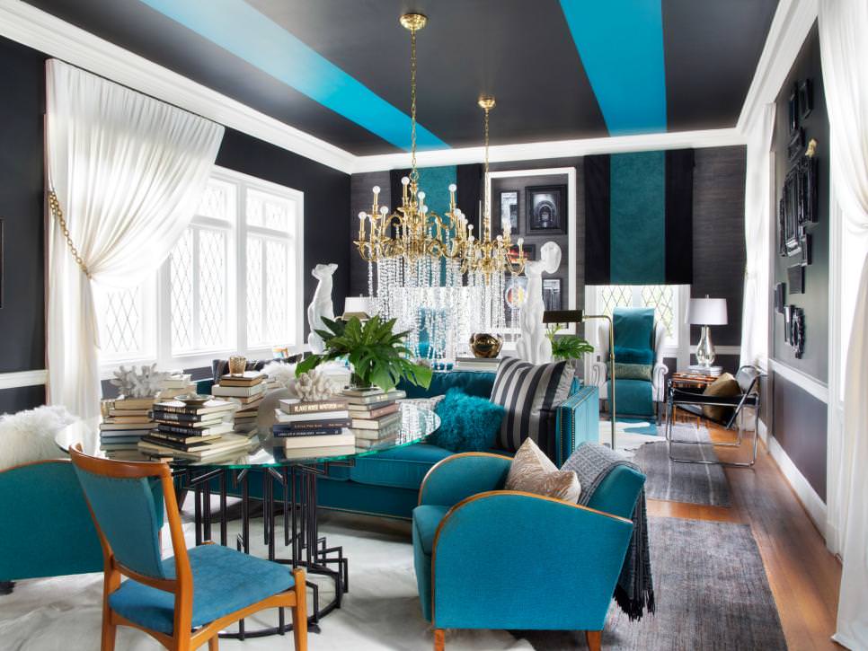 glam eclectic living room with striped teal ceiling