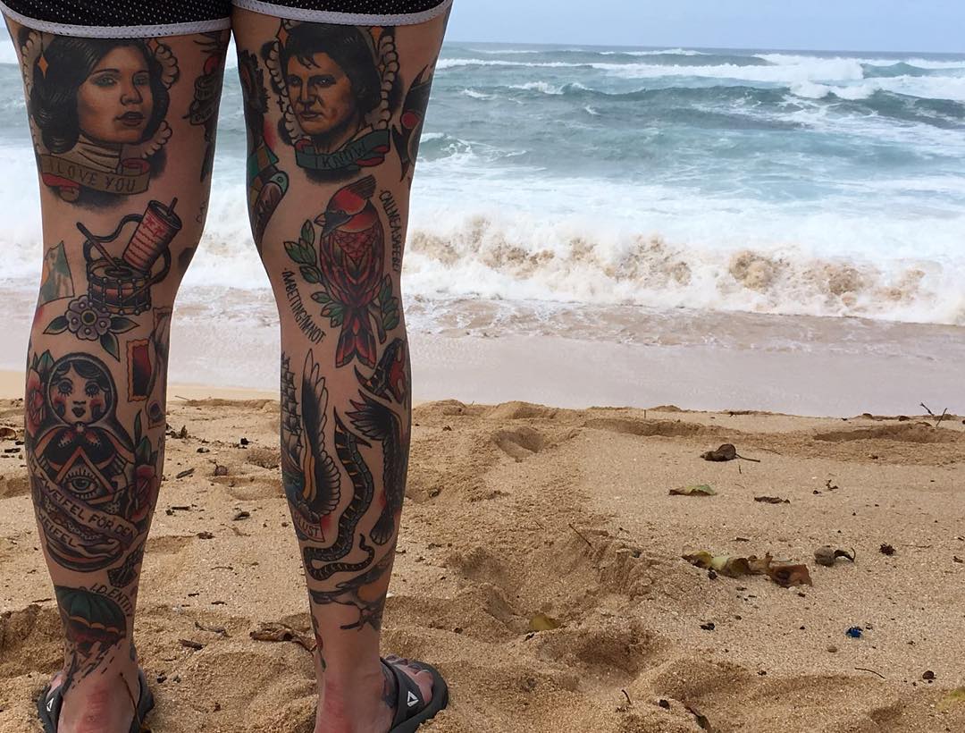 colorful leg sleeve tattoo