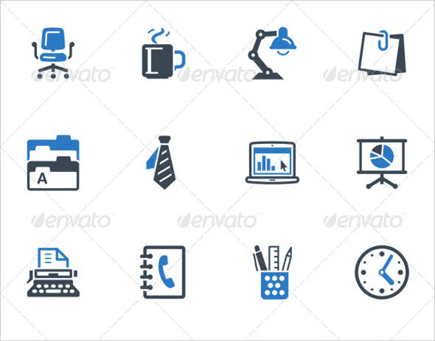 set of 16 office icons with blue series
