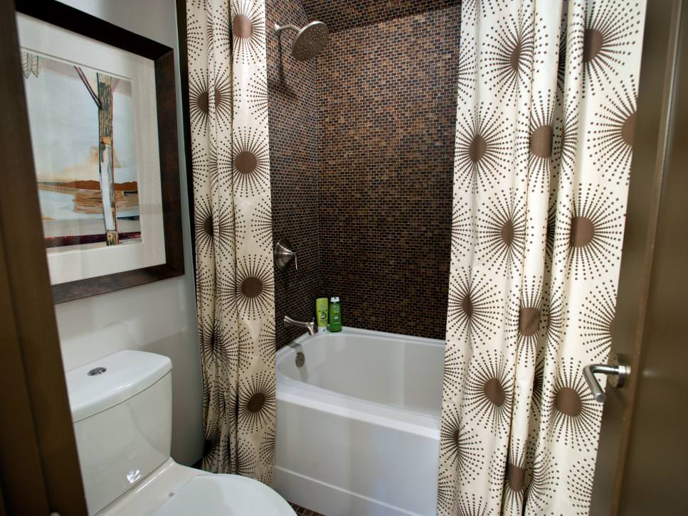 contemporary bathroom with brown mosaic tile wall