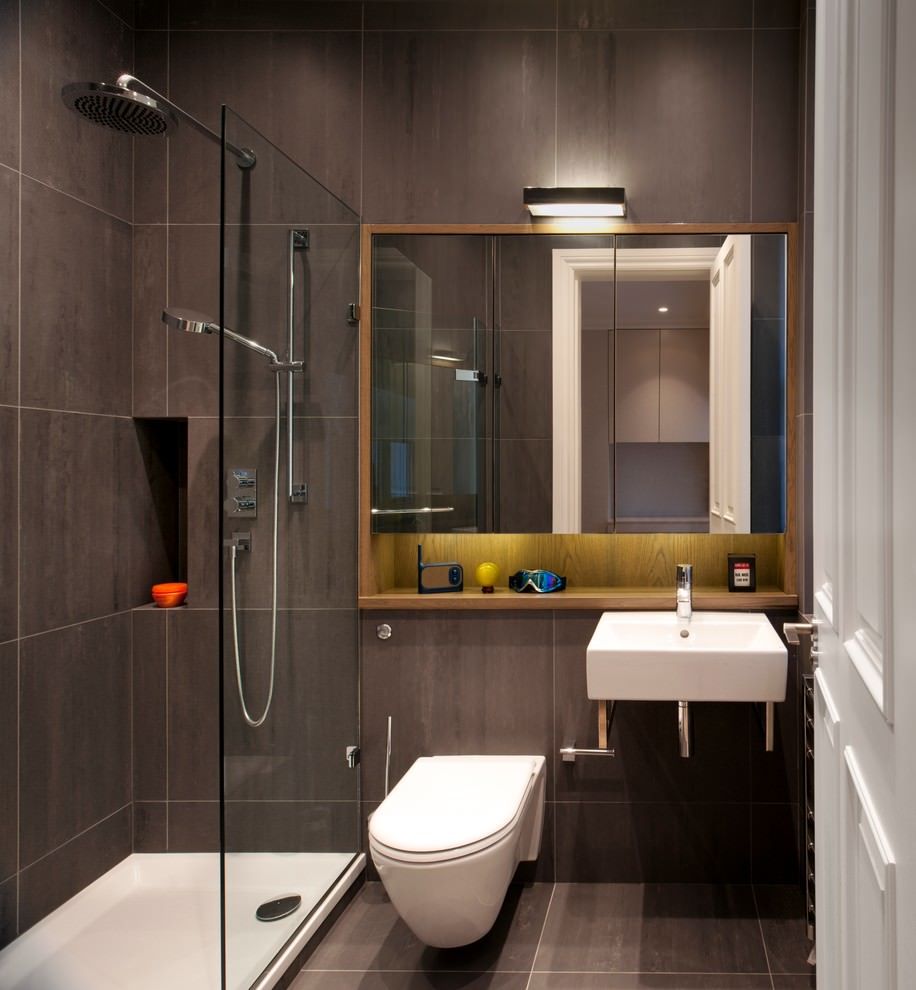 narrow brown bathroom design