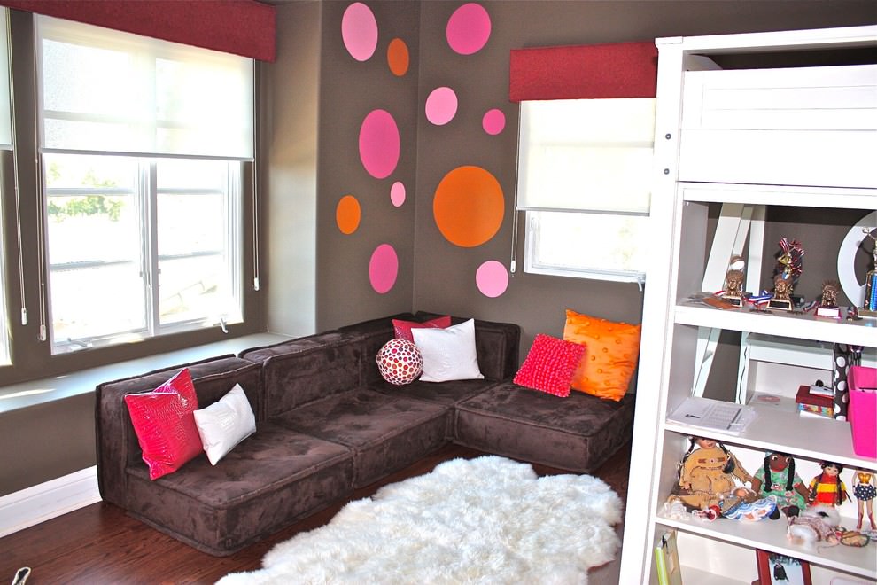 brown color sofa design in kids room 