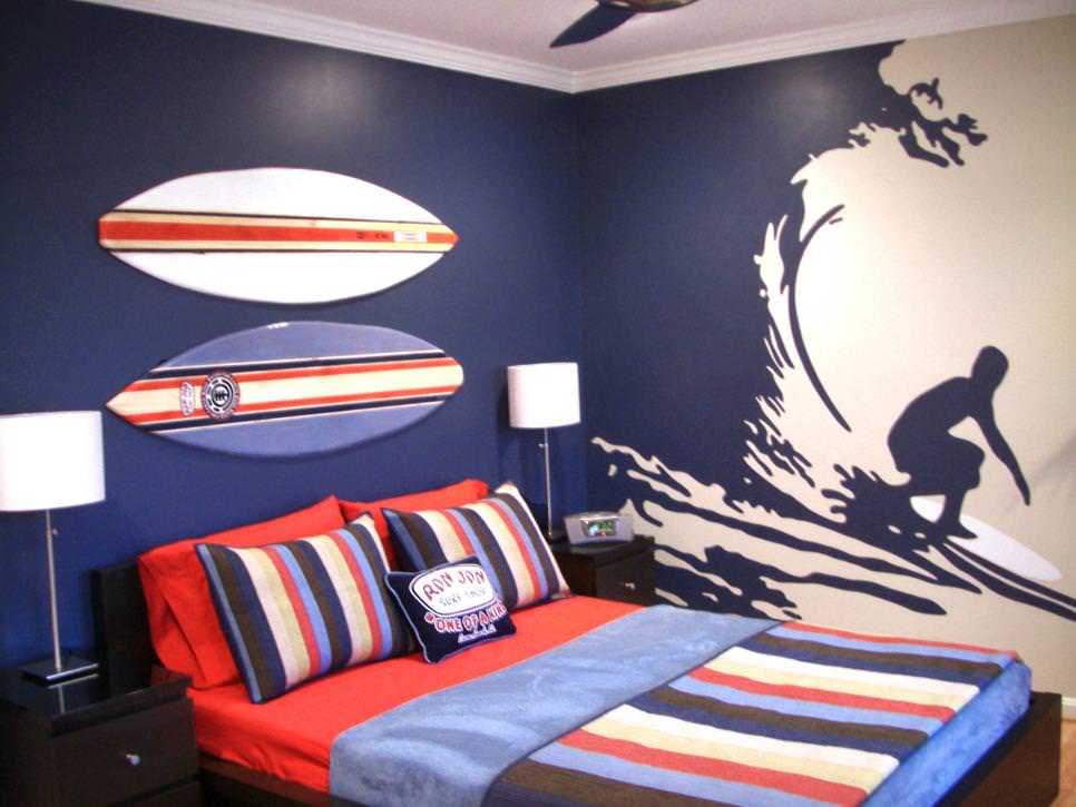 bedroom with mini surfboards accent wall design