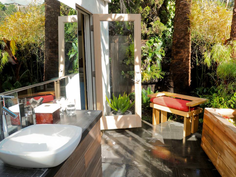 outdoor bathroom sink set in wood vanity