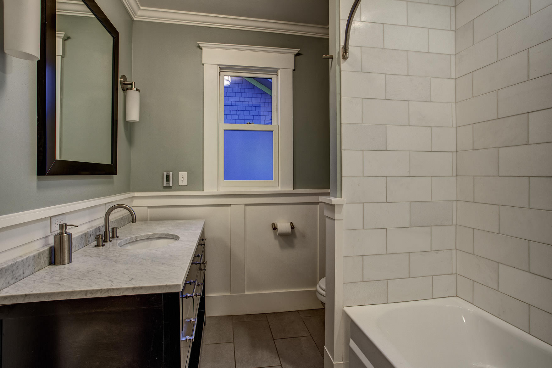 white tile shower in transitional grey bathroom1