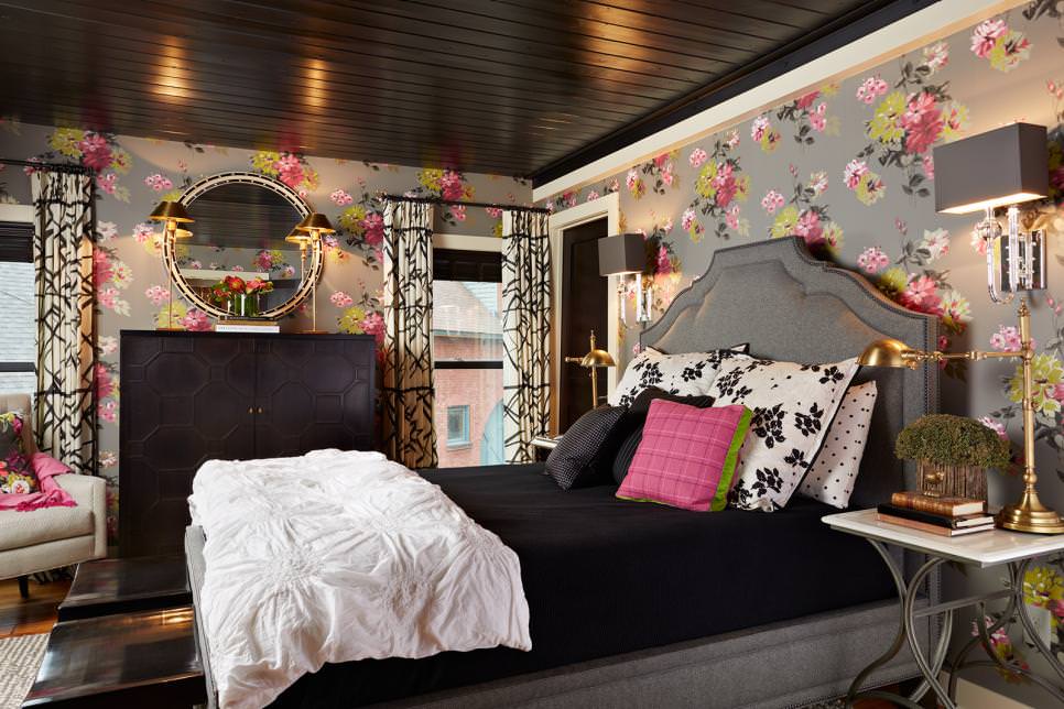 girly bedroom with floral wallpaper