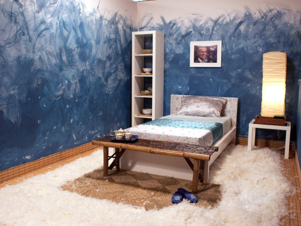 rustic blue bedroom with hand painted walls