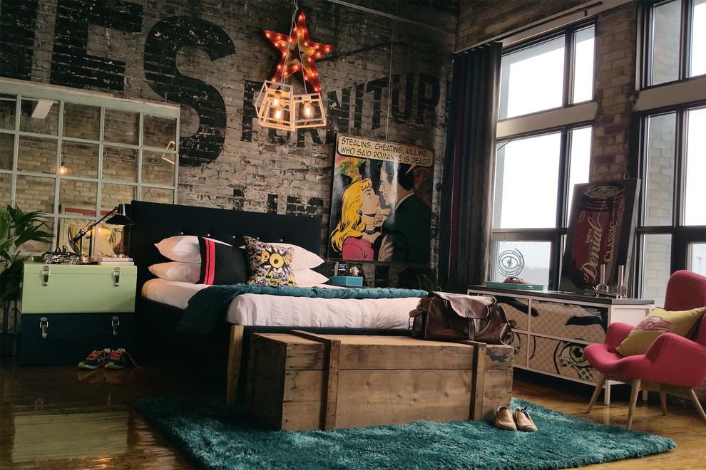 industrial master bedroom with comic poster 