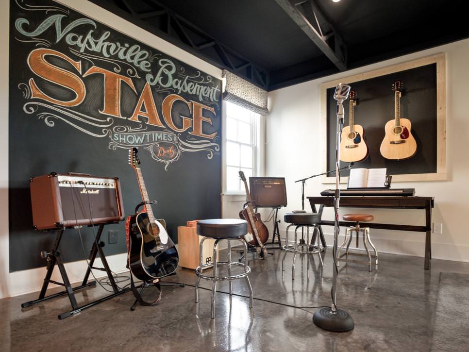 music studio with chalkboard accent wall design