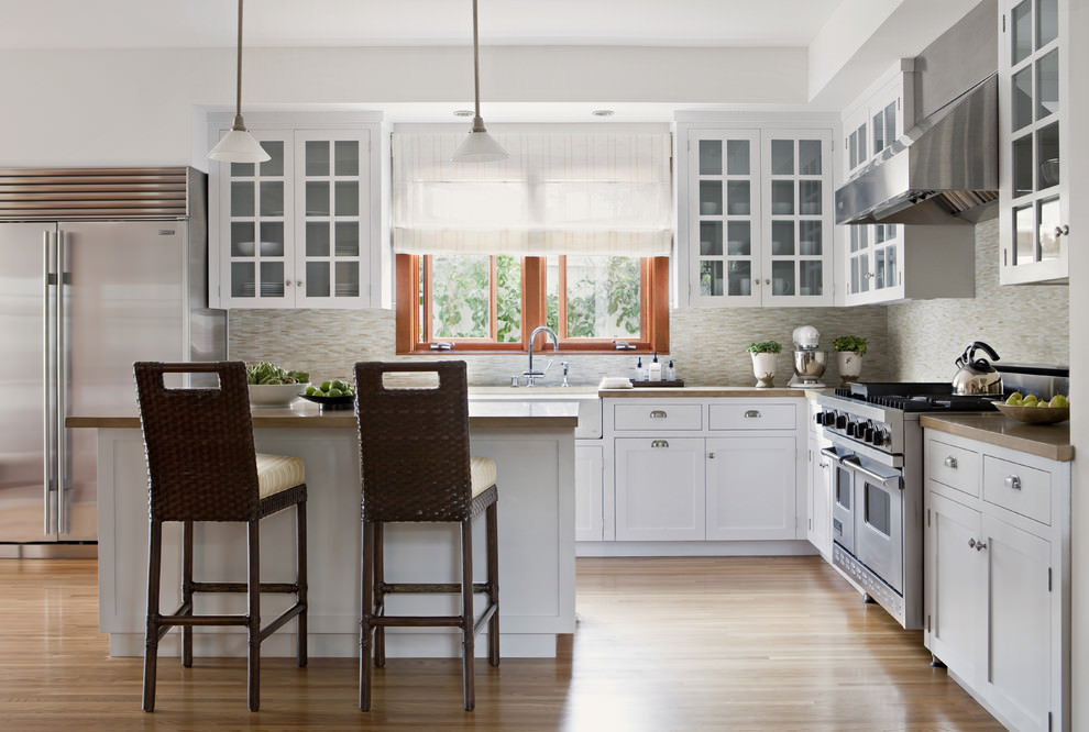 transitional white l shaped kitchen design