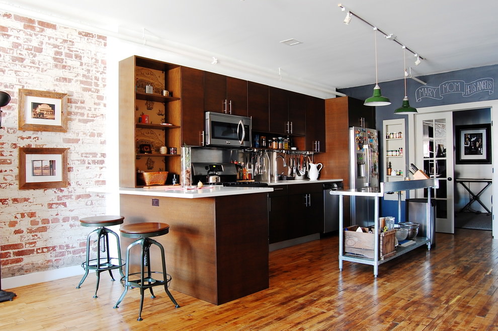 brown l shaped industrial kitchen design