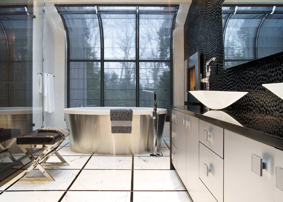contemporary bathroom with silver tub