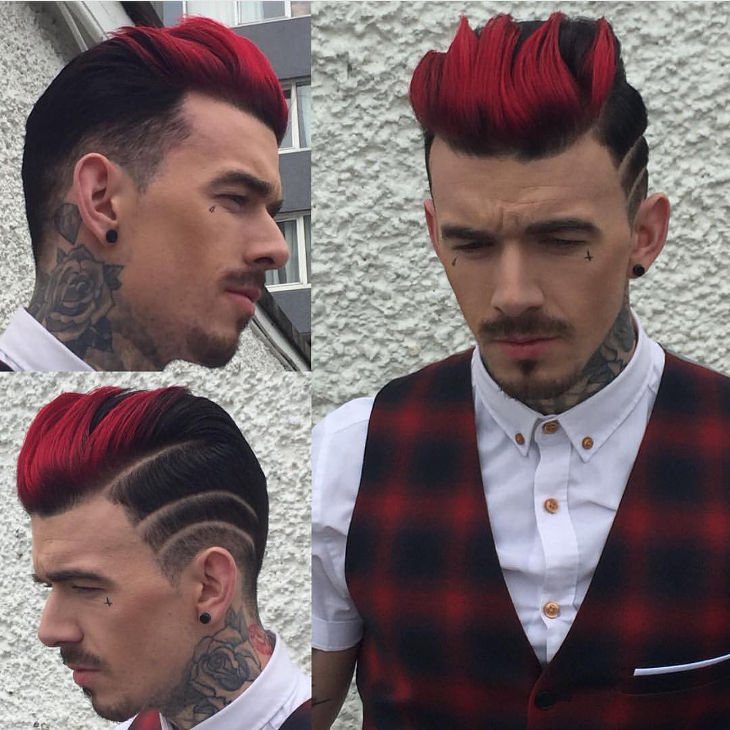 red and black colored high fade long hair design