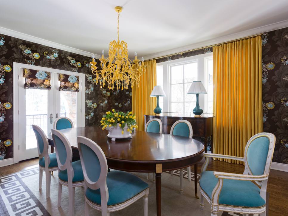 black dining room with yellow contemporary chandelier1