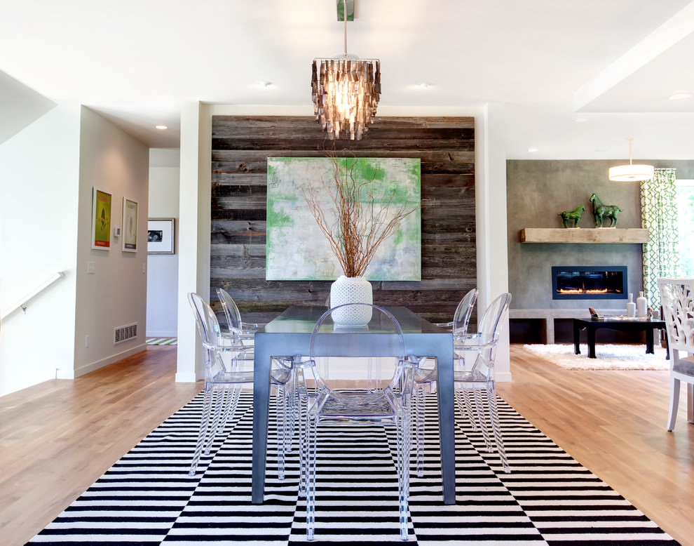 contemporary dining room with wooden wall design