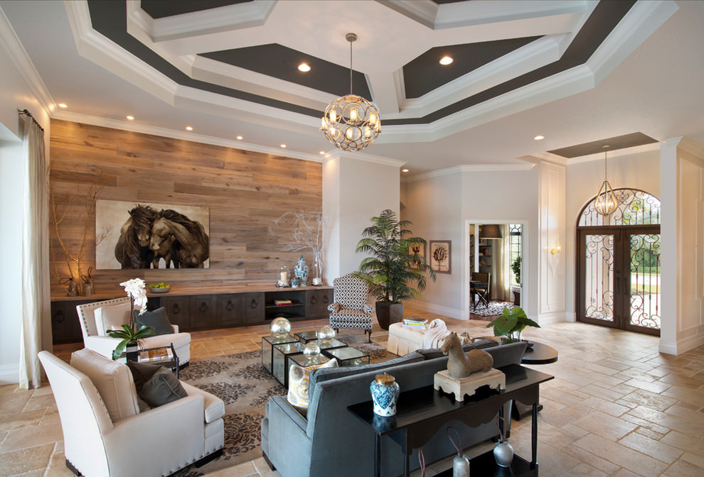 contemporary living room with brown wooden wall design