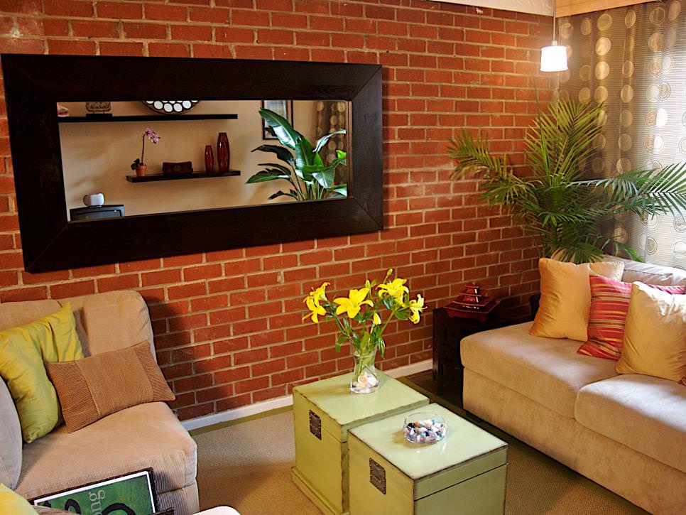 living room with brick accent wall design