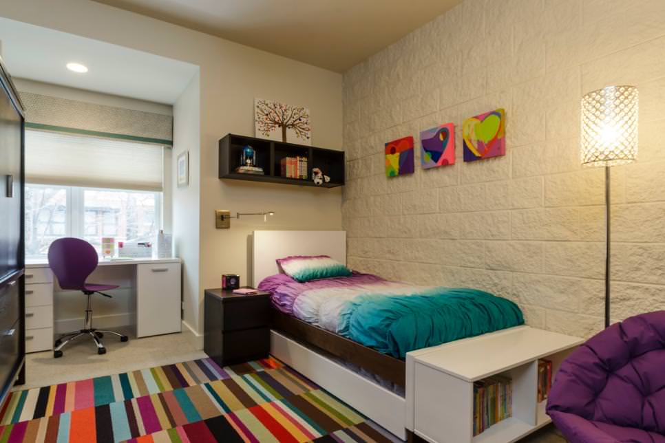 girls bedroom in bright colors wall decor