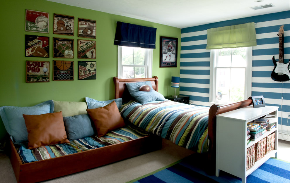 blue and white striped wall