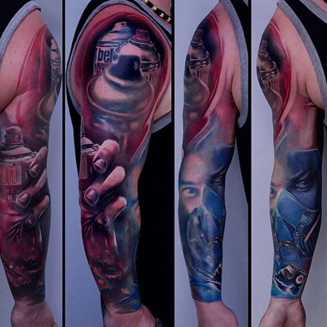 blue red full sleeve tattoo