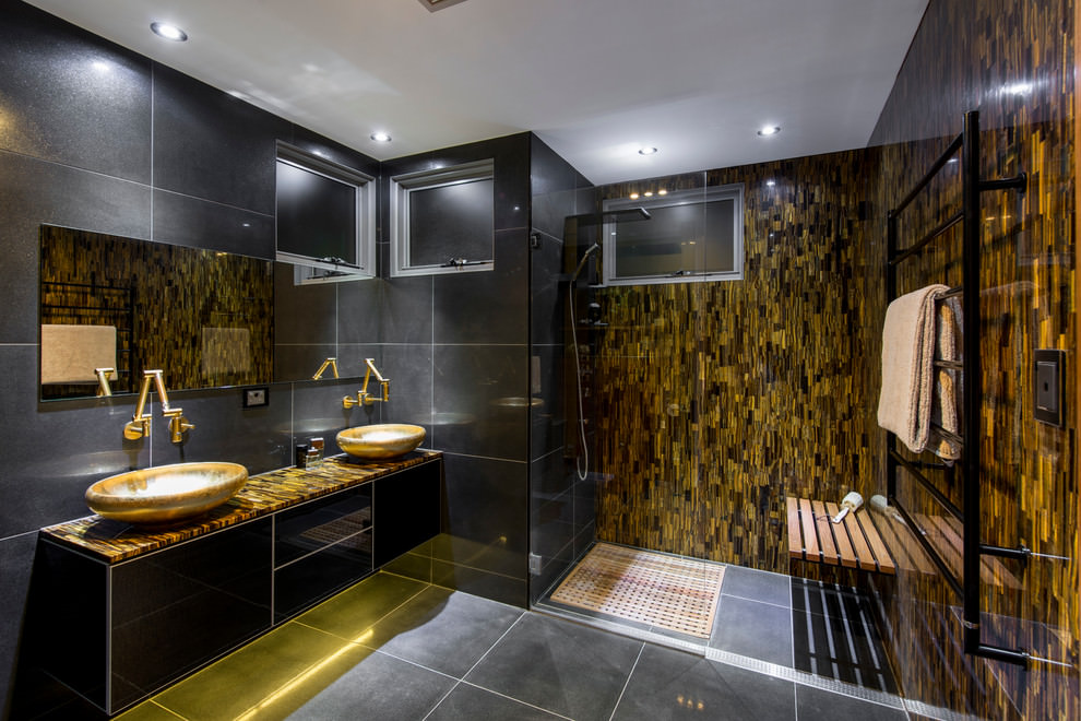black bathroom with gold vanity ideas