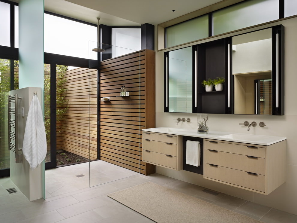 modern bathroom with floating cabinet