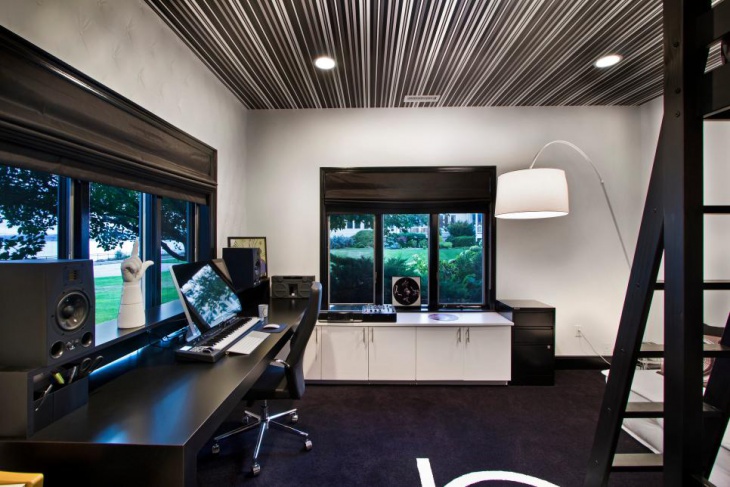 modern black and white home office with white cabinets