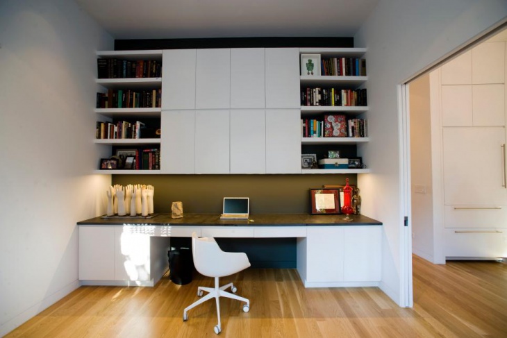 modern home office with built in storage cabinets