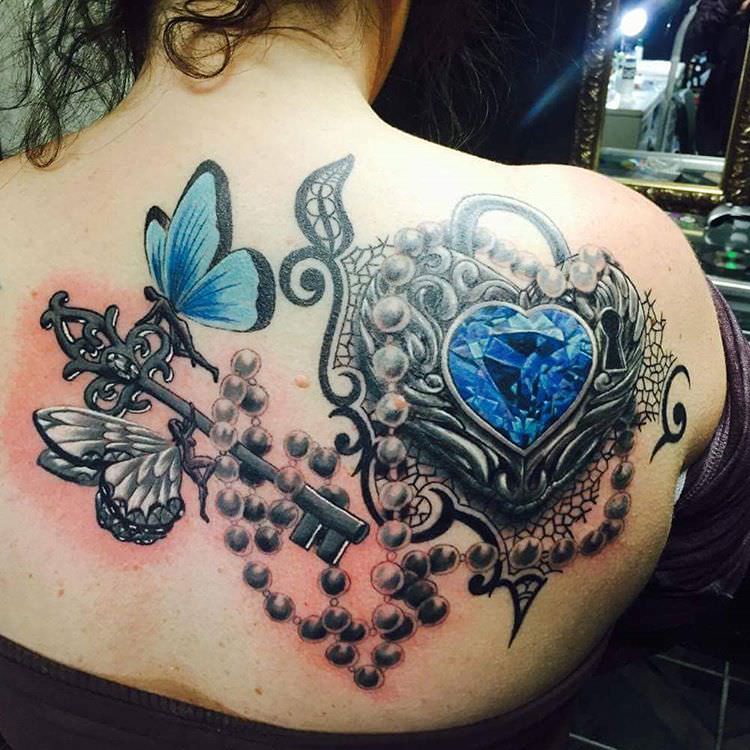blue butterfly key lock tattoo design