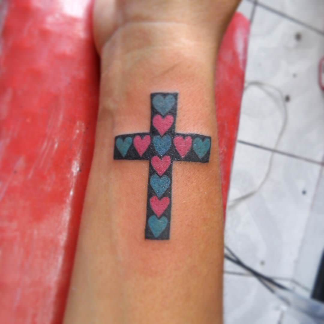 blue pink heart tattoo design