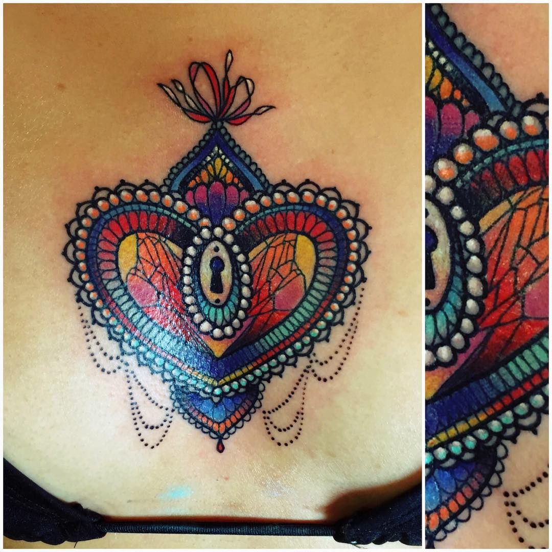 colorful heart locket tattoo 
