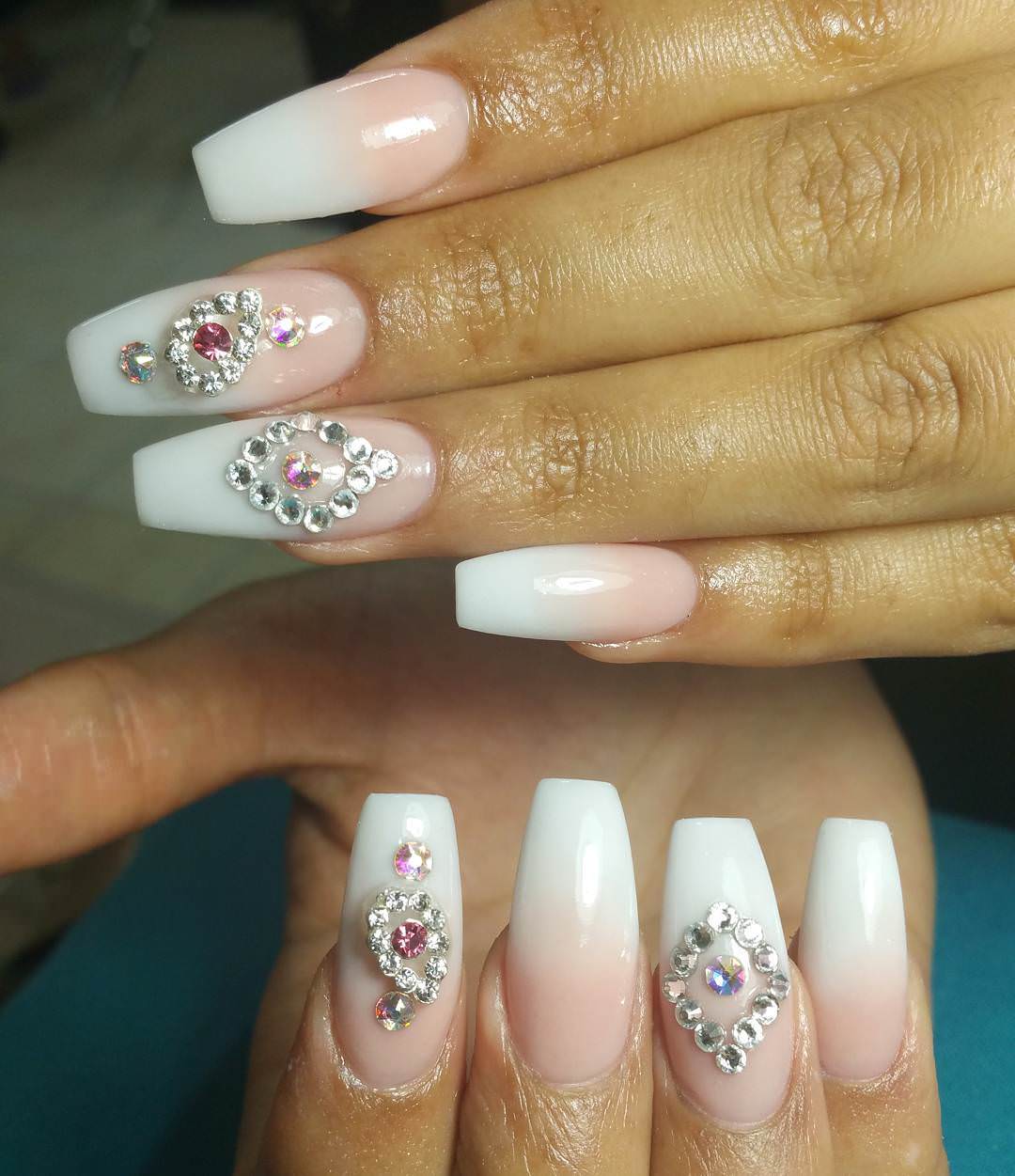 white and pink crystal nail art