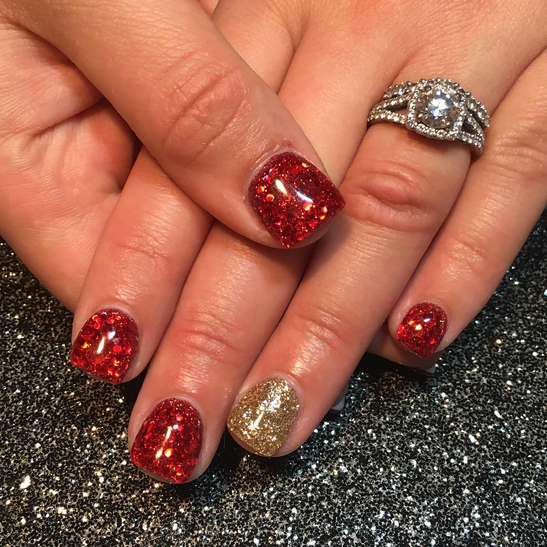 red and gold nail art for square nails