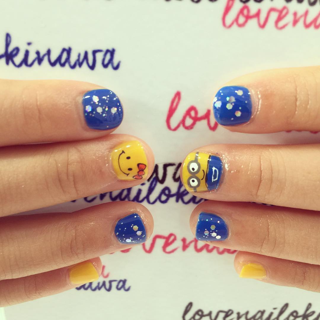 blue and yellow kids nail art design