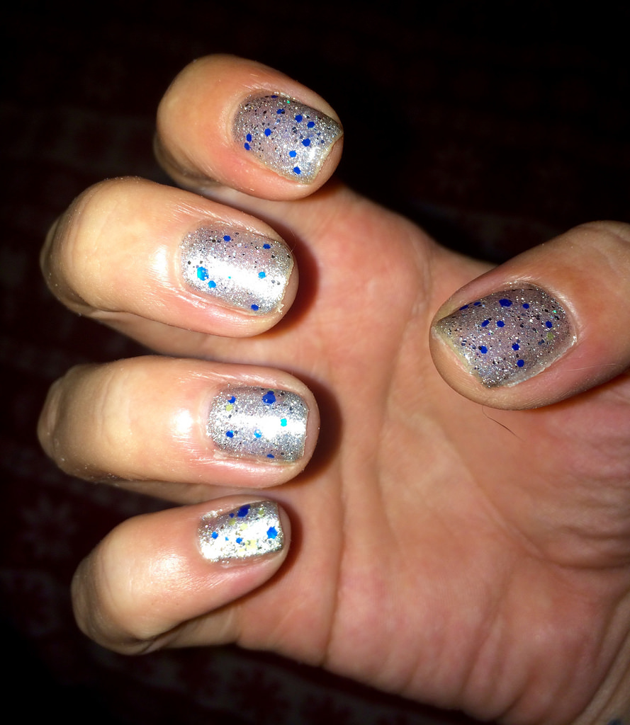 blue and silver accent glitter nails
